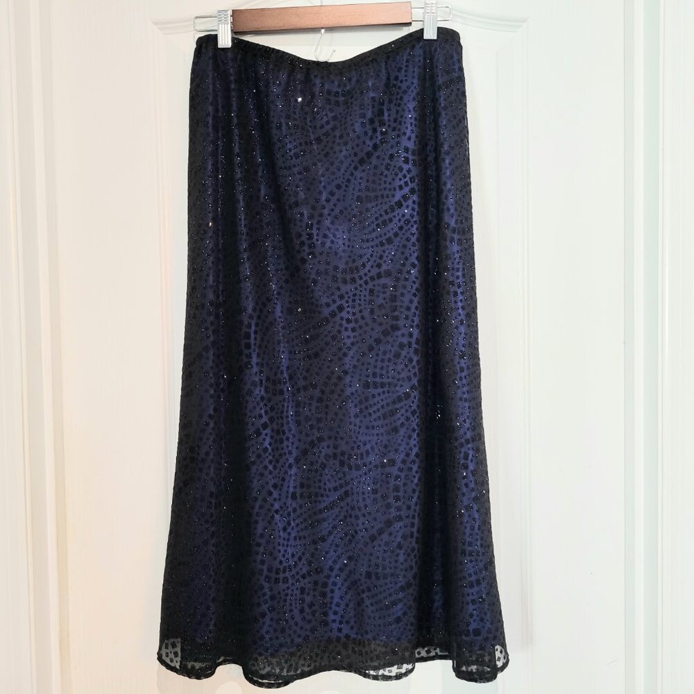 Vintage Women's Midi Skirt Cobalt Blue Black Shimmer Sheer Whimsigoth